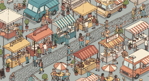 Isometric street food festival with food trucks and market stalls, crowded outdoor summer fair with people eating and walking, bustling urban culinary event vector illustration