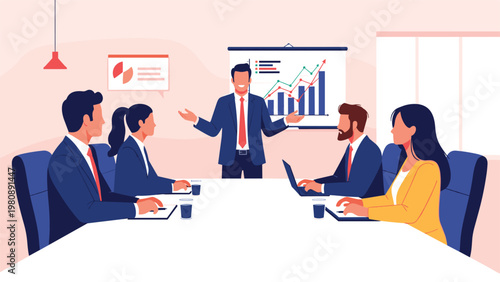 Professional business presentation in a modern meeting room with colleagues listening to a speaker showing financial growth charts on a whiteboard.