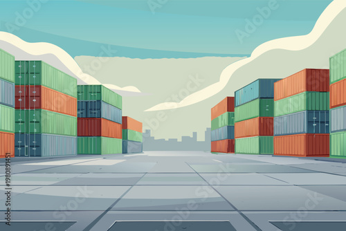 Container Yard Stacks Scene Vector Illustration o