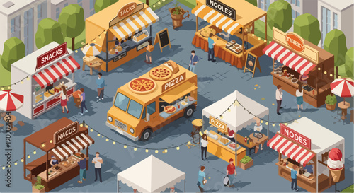 Isometric street food festival with pizza truck and market stalls, outdoor fair with people buying snacks and noodles, summer city event with kiosks and food stands vector