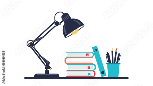 Simple study or home office workspace setup with a classic black desk lamp illuminating a stack of books and a pencil holder with several pens.