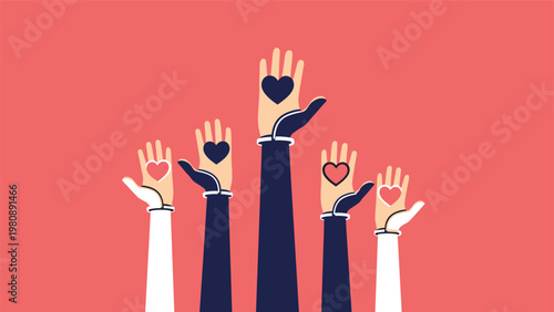 Volunteering and community support concept showing several human hands raised with various heart symbols on a bright pink or coral background.