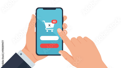 Hand holding a modern smartphone showing an online shopping cart icon with a high notification count for mobile commerce and digital sales theme.