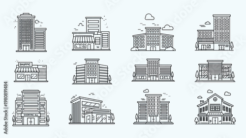 Extensive collection of architectural building icons in a clean line art style featuring various commercial stores and residential structures.