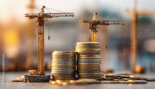 Construction site with two tower cranes and stacks of coins on a blurred city background illustrating financial growth and infrastructure development