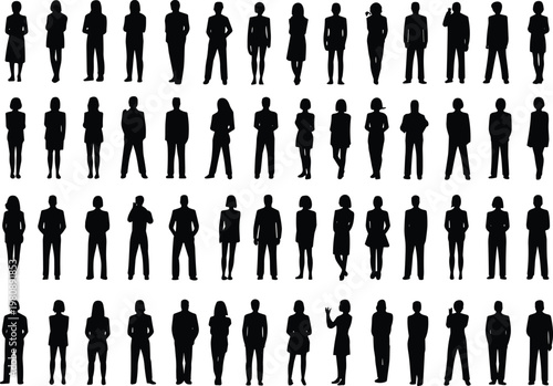 Black silhouettes of standing business people, diverse professionals, corporate icons, office worker illustrations