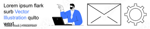 Business operations, team management, email communication, workflow, digital services, technology solutions. Man working on a laptop, pointing accompanied by envelope and gear icons. Business