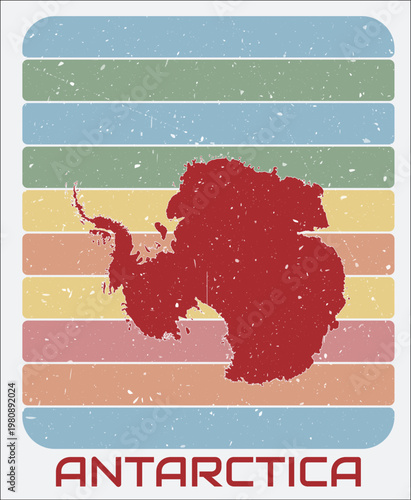 Antarctica vintage logo. Shape of the continent on retro colored stripes background. Antarctica map design with grunge scratch texture. Vector illustration.
