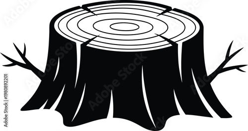 Black silhouette of a tree stump with branches and rings wood timber cut tree