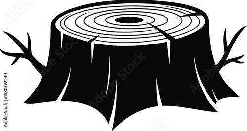 Black silhouette of a tree stump with rings and branches wood trunk black and white
