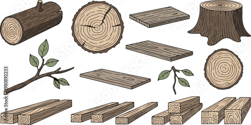 Rustic wood timber collection with logs, planks, and tree stumps. Hand drawn wooden lumber set with branches and timber beams. Natural brown wood texture vector elements.