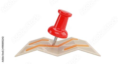 Vector illustration of red push pin stuck in a folded paper map on a transparent background