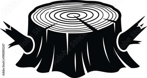 Black silhouette of a tree stump with visible rings and broken branches wood tree ring