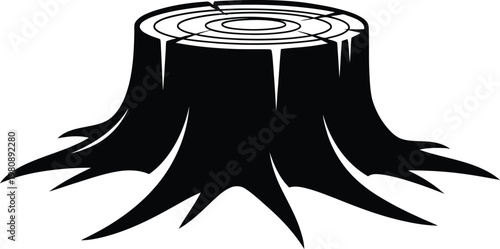 Black silhouette of a tree stump with visible rings and roots black and white wood