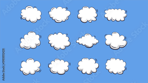 Collection of various white fluffy cartoon clouds on a blue background.