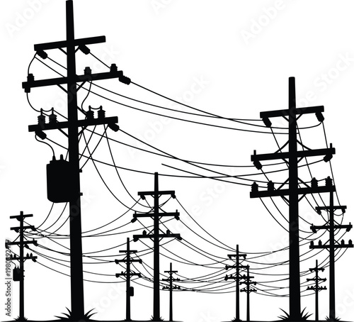 Black silhouette of multiple wooden utility poles with wires and transformers against a white background