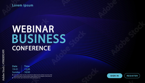 Modern webinar business conference landing page template with abstract blue wave lines and dark background providing copy space for online corporate events and digital marketing promotion.