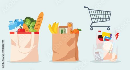 Grocery shopping bags filled with fresh food and produce, reusable cloth tote and paper bag with healthy vegetables, plastic bag and shopping cart vector illustration