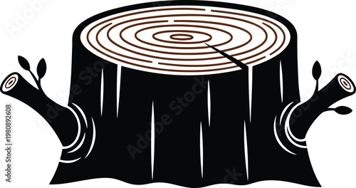 Black tree stump with brown rings and small branches wood trunk nature forest