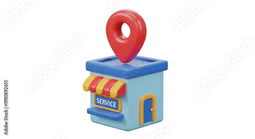 Vector illustration of 3d render of a small store building with a red location pin icon on top on a transparent background