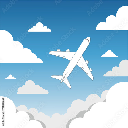 Flying Airplane in Clear Blue Sky with Fluffy Clouds Travel and Transportation Concept