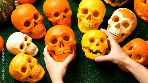 Orange skulls and pumpkins arranged for halloween celebration