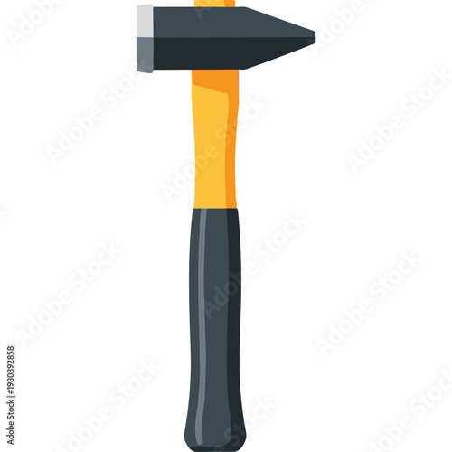 A person holds a hammer with yellow handle and black head.