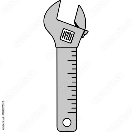 An adjustable wrench with a ruler on its handle is shown.
