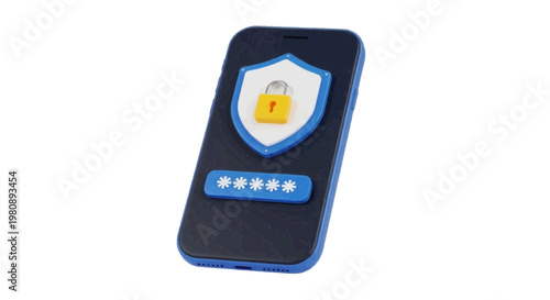 Vector illustration of 3d smartphone with security shield icon and password input field on a transparent background