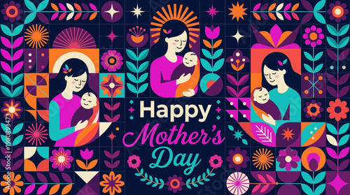 Happy Mother's Day Geometric Folk Art Illustration with Mother and Baby Pattern