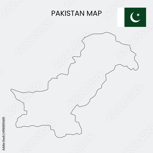 A simple line map of Pakistan with its flag on a white background
