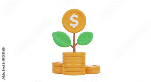 Vector illustration of 3d rendering of a coin plant growing from a stack of gold coins on a transparent background