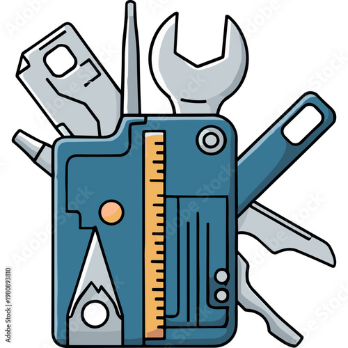 A blue multi-tool device with various tools arranged around it on a table indoors closeup.
