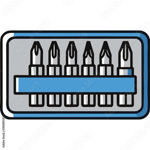 A set of six metallic screwdriver bits in a blue holder box