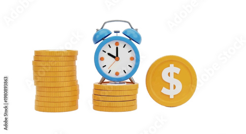 Vector illustration of 3d illustration of a blue alarm clock on a stack of gold coins on a transparent background