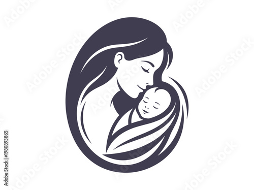 Mother and Baby Minimalist Vector Illustration, Tender Motherhood Concept Line Art Silhouette for Branding and Graphic Design