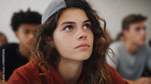 A young woman with a pensive expression sits in a classroom deeply absorbed in thought while surrounded by classmates