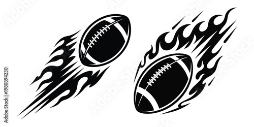 Two black american footballs with flames