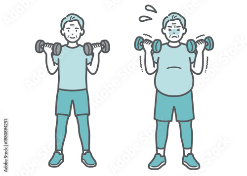 ダンベルトレーニングをする標準体型とぽっちゃり体型のシニア男性の比較セットイラスト