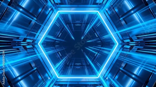 Hexagonal sci-fi tunnel with blue neon light structure