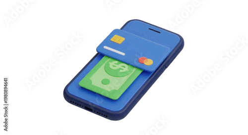 Vector illustration of 3d illustration of a smartphone with a credit card and cash icon on a transparent background