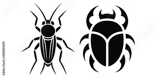 Black silhouette of a cockroach and a scarab beetle
