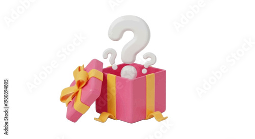 Vector illustration of 3d render of an open pink gift box with a question mark inside on a transparent background