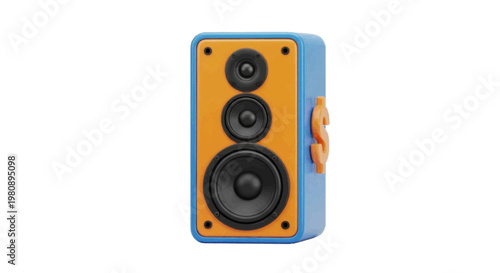 Vector illustration of 3d render of a blue and orange speaker with a dollar sign symbol on a transparent background