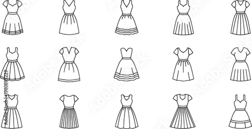 Black and white of twelve different women's dresses with various necklines and sleeve styles twelve dresses