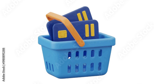 Vector illustration of 3d render of a blue shopping basket filled with credit cards on a transparent background