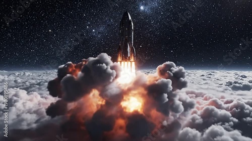 Rocket launch above the clouds into the starry night sky