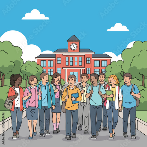 Diverse Group of Students Gathering Outside a School Building