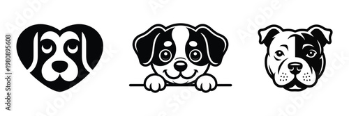 Black and white dog face icons in various cute expressions