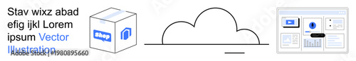 Cloud computing, data storage, logistics, website management, technology visualization, digital workflows. A cloud symbol between a package and a website interface. Cloud computing and data storage